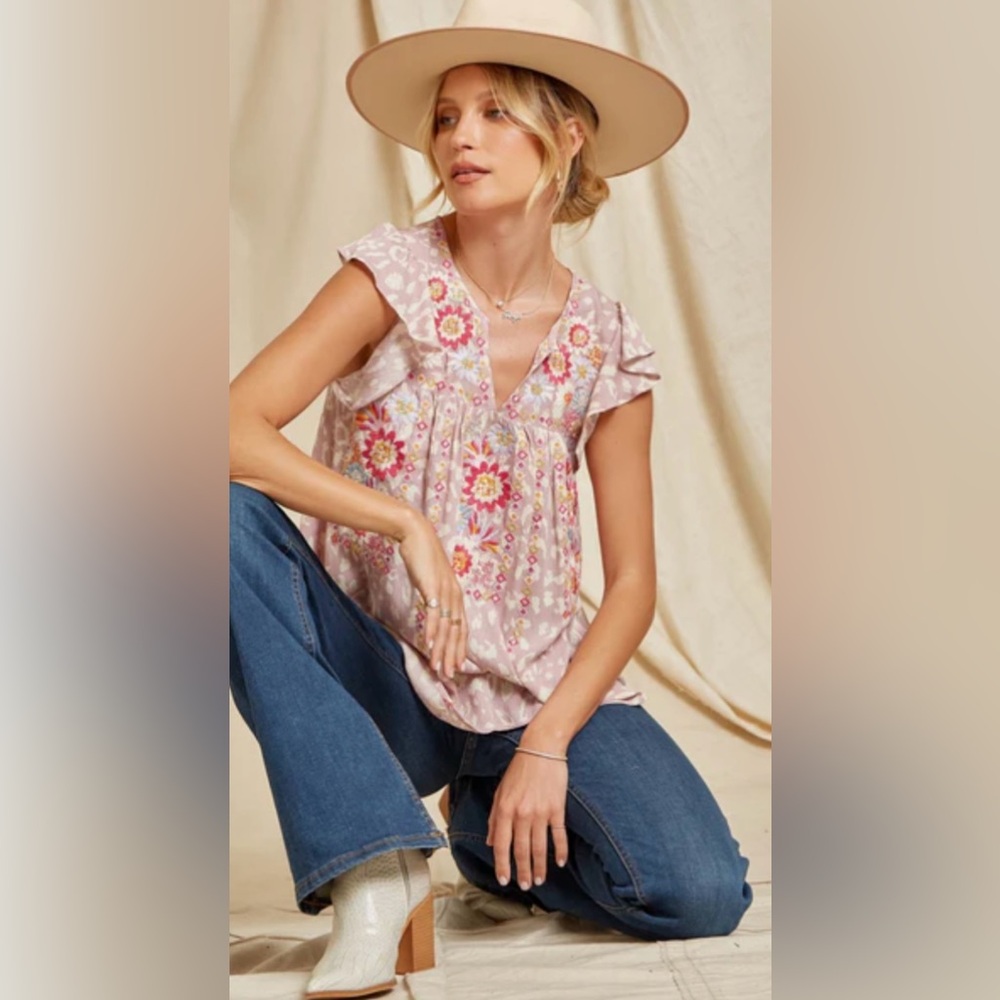 Savanna Jane Leopard Floral Embroidered Top, Sz M (fits like a Small)